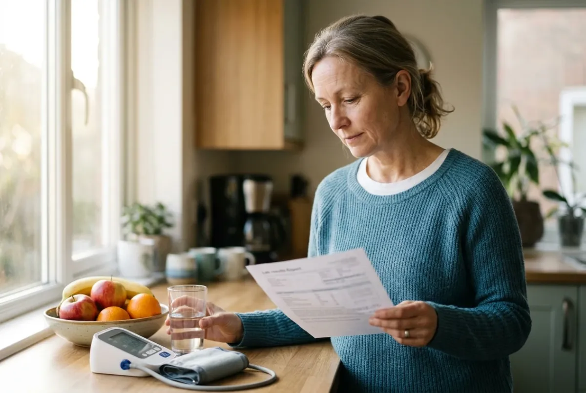 A woman in midlife calmly reviewing her lab report at the kitchen counter, blood pressure monitor and fruit beside her